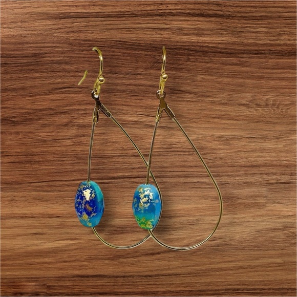 BOUTIQUE Elegant Blue and Gold Earrings, Turquoise Hoops, Classy - Picture 3 of 6